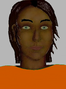 a portrait of a person with chocolate skin, black hair, and a orange coloured shirt