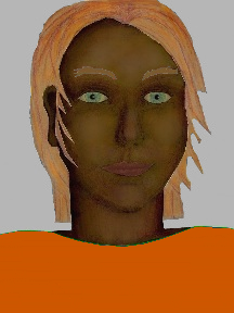 a portrait of a person with chocolate skin, red hair, and an orange coloured shirt