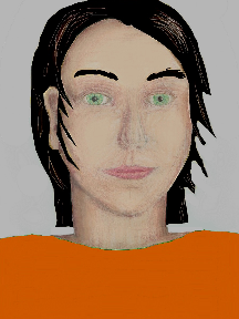 a portrait of a person with cream skin, black hair, and a orange coloured shirt