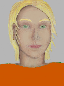a portrait of a person with cream skin, blonde hair, and a irange coloured shirt