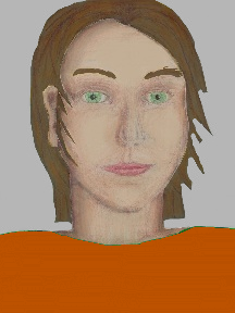 a portrait of a person with cream skin, brown hair, and a orange coloured shirt