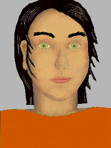 a portrait of a person with golden skin, black hair, and an orange coloured shirt