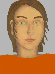 a portrait of a person with golden skin, brown hair, and an orange coloured shirt