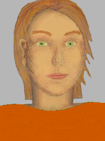 a portrait of a person with golden skin, red hair, and an orange coloured shirt