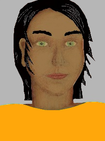 a portrait of a person with caramel skin, black hair, and a yellow-orange coloured shirt