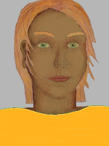 a portrait of a person with caramel skin, red hair, and a yellow-orange coloured shirt