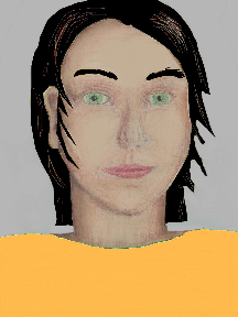 a portrait of a person with cream skin, black hair, and a light orange coloured shirt