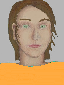 a portrait of a person with cream skin, brown hair, and a light orange coloured shirt