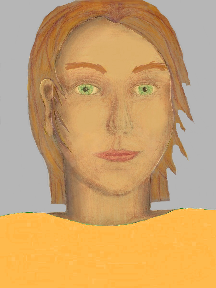 a portrait of a person with golden skin, red hair, and a yellow orange coloured shirt