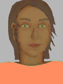 a portrait of a person with caramel skin, brown hair, and a peach coloured shirt