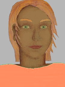 a portrait of a person with caramel skin, red hair, and a peach coloured shirt