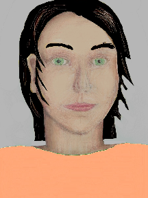 a portrait of a person with cream skin, black hair, and a peach coloured shirt