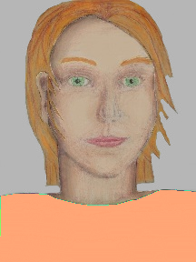 a portrait of a person with cream skin, red hair, and apeach coloured shirt