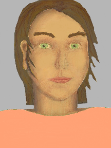 a portrait of a person with golden skin, brown hair, and a peach coloured shirt