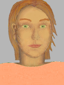 a portrait of a person with golden skin, red hair, and a peach coloured shirt