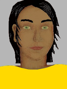 a portrait of a person with caramel skin, black hair, and a golden yellow coloured shirt
