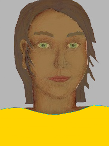 a portrait of a person with caramel skin, brown hair, and a golden yellow coloured shirt
