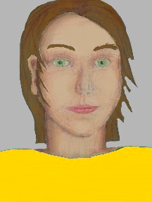 a portrait of a person with cream skin, brown hair, and a golden yellow coloured shirt