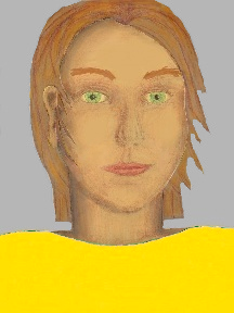 a portrait of a person with golden skin, red hair, and a golden orange coloured shirt