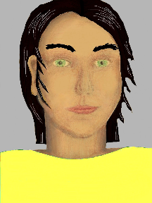 a portrait of a person with golden skin, black hair, and a yellow coloured shirt