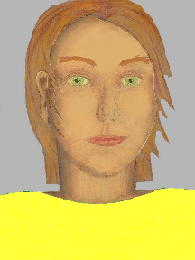 a portrait of a person with golden skin, red hair, and a yellow coloured shirt