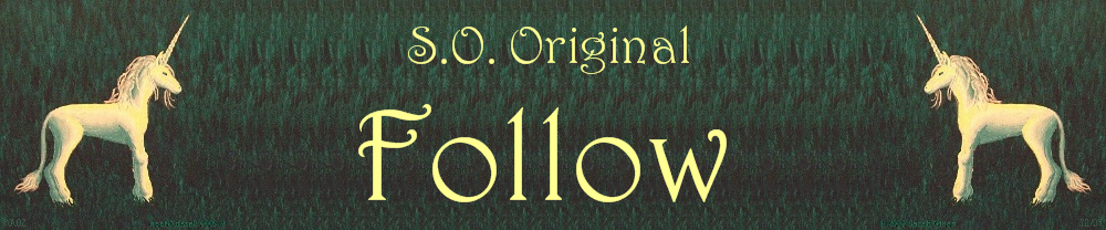 the words S.O. Original Follow fanked by white unicorns