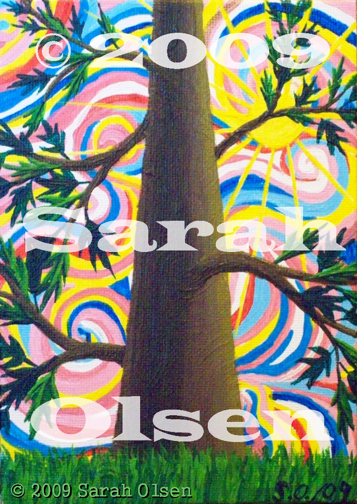 A beautiful tall tree grows up high into the sky. The sun’s rays reach out in every direction. The sky is filled with rainbow coloured groovy swirls. It’s like seeing all the colours of the wind.