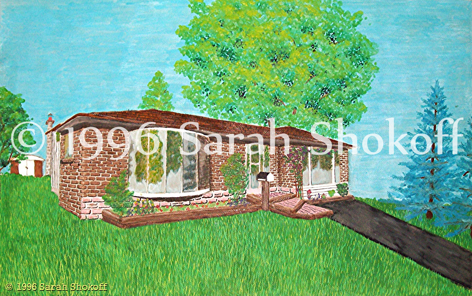The grass is so green and the garden is full of flowers around this bungalow. There is full foliage on the huge tree out back and blue spruces in the front yard. The bay window catches glimpses of the surrounding landscape.