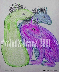 three fantasy creatures turn their heads to watch