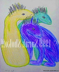 three fantasy creatures turn their heads to watch